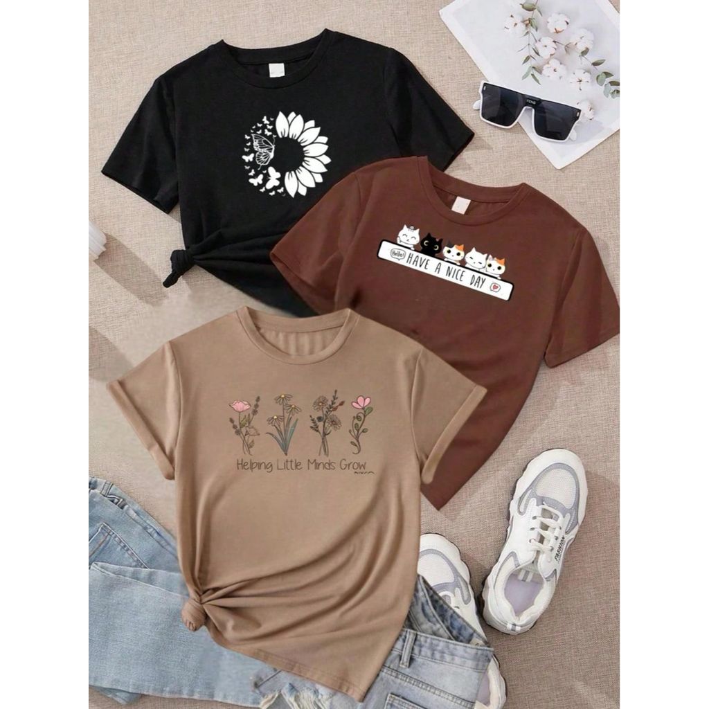 Kit com 3 blusas gatinho flores coracao animal print tendencia bege branca e preto 100% algodão em Oferta na Shopee