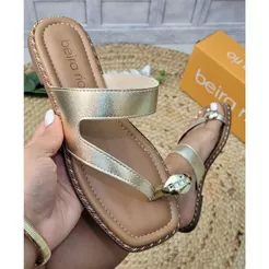 Sandália Beira Rio Rasteirinha Feminina Dedo Dourada Luxo