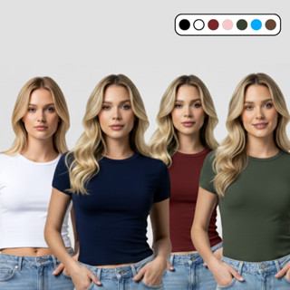 Kit 4 Baby Tee Feminina - Blusa Slim Fit Manga Curta Blusa de Compressão Várias Cores Ajuste Perfeito em Oferta na Shopee