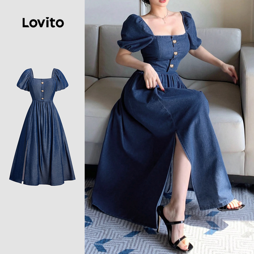 Lovito Vestido Casual de Jeans com Botão   Toque Suave Primavera/verão Vestido de Jeans Azul LBL26264 em Oferta na Shopee
