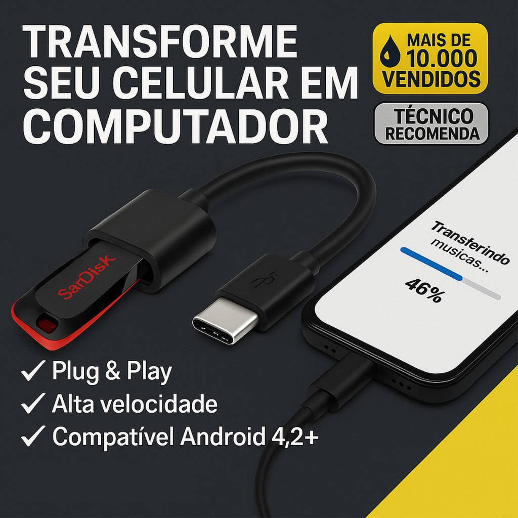 Cabo OTG Tipo C Modelo Android Novo Conecte Pen Drive Mouse Teclado Transforme Celular Em Computador