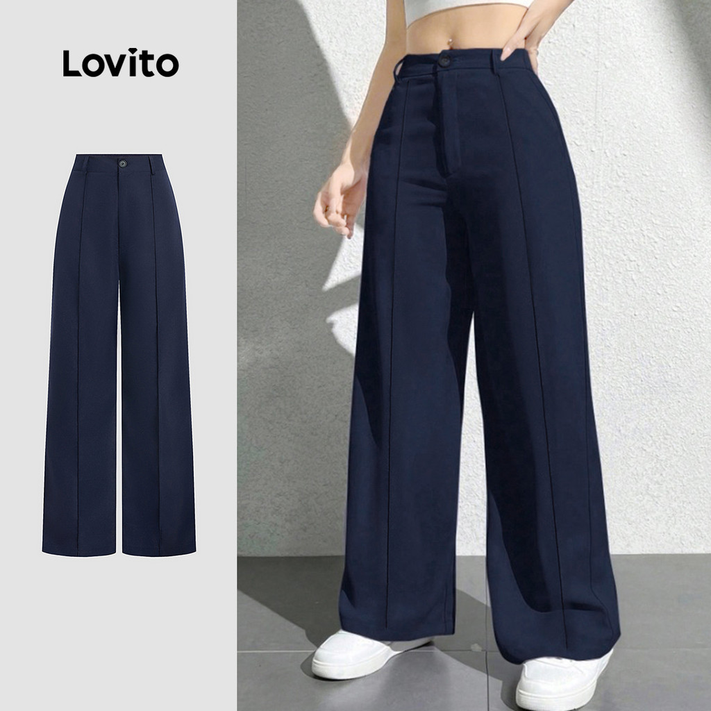 Lovito Calças Casuais com Botões Primavera/verão Calças Azul-marinho para mulheres L158AD222 em Oferta na Shopee