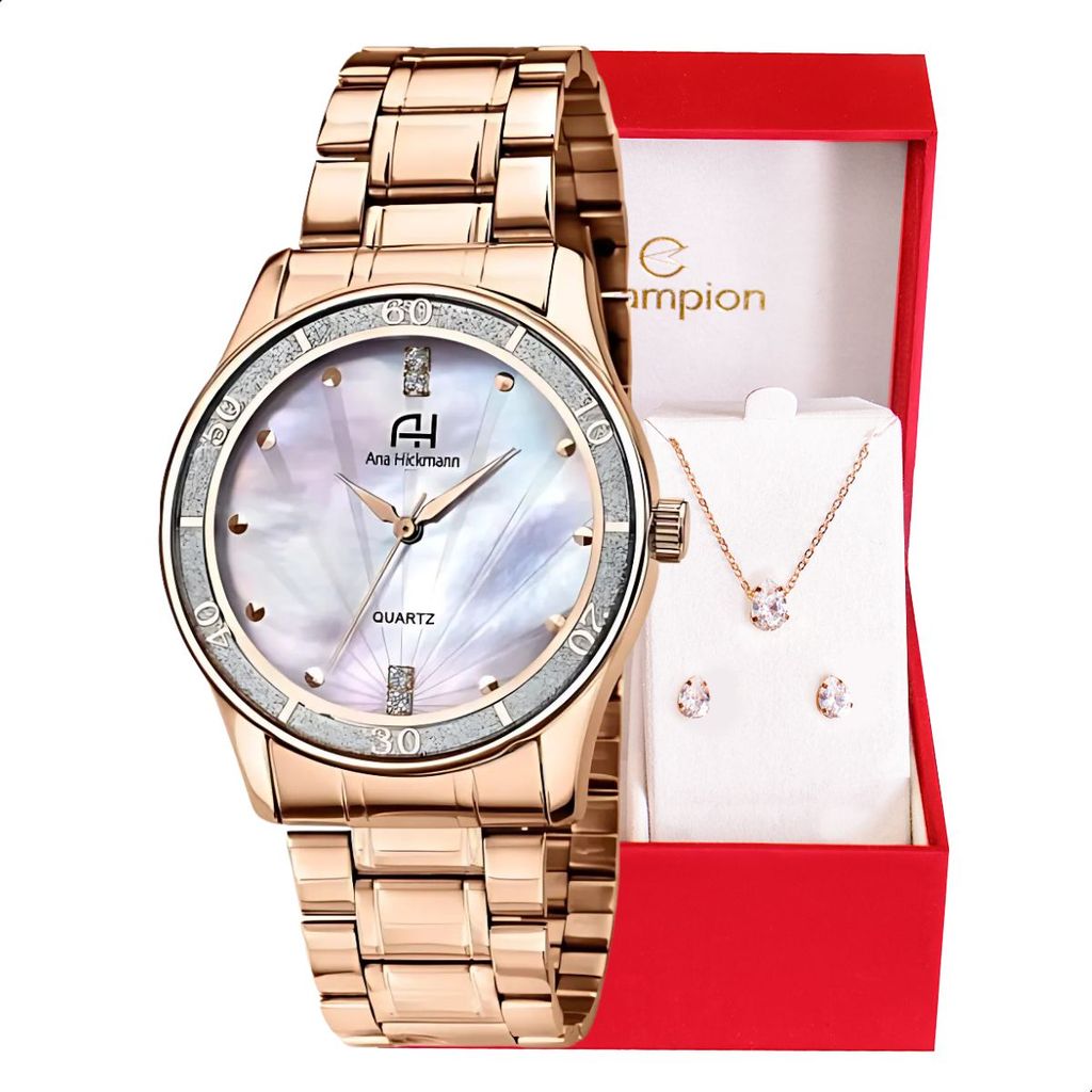 Relógio Champion Ana Hickmann Analógico Prova D'Água Aço Rosé AH28884Z Kit Colar e Brincos