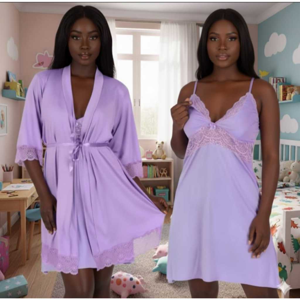 Conjunto Maternidade – Camisola de Amamentação + Robe com Renda