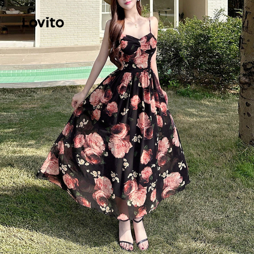 Detalhes do Lovito Vestido Elegante com Pregas Primavera/verão para Mulheres LBL28074