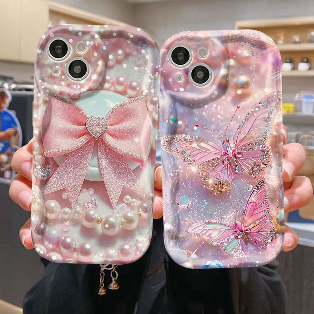 Capa Para Samsung A56 A36 A55 A54 A16 A15 A14 A05 A51 A52 A34 A35 A32 A13 A12 A04E De Creme Estilo Borboleta De Pelúcia