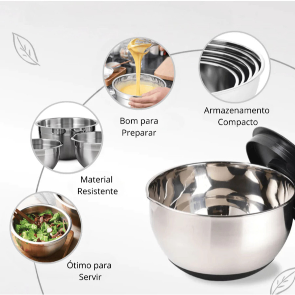 Conjunto de Bowls Tigelas de Inox com Tampa Plastica -bacia inox bowl inox — imagem 2 de 2