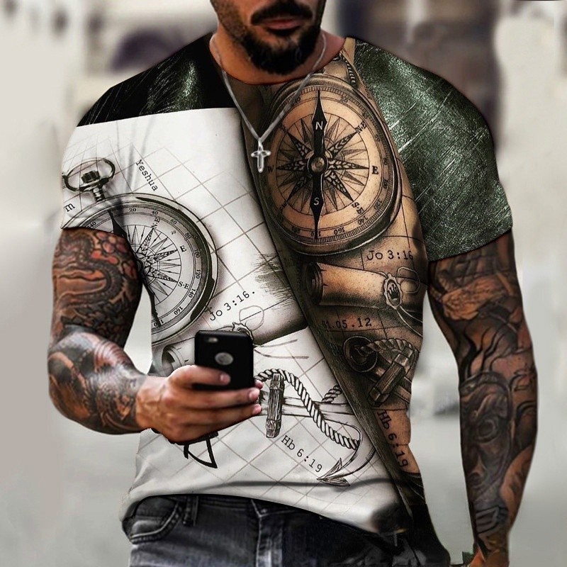 Camisetas Masculinas Vintage 3d Poliéster Manga Curta Solta Moda Masculina