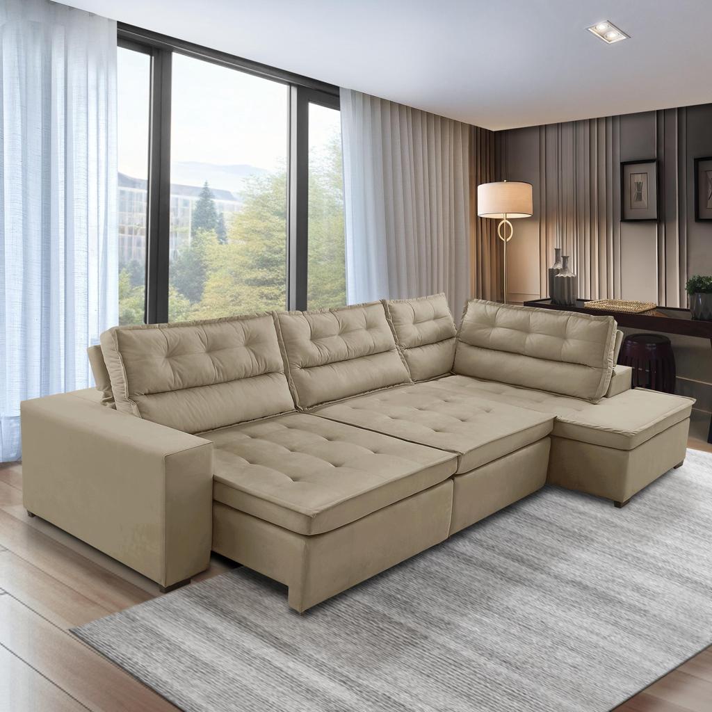 Sofá de Canto Retrátil e Reclinável com Molas 3,00x2,00 Virginia Suede Bege Adonai Estofados em Oferta na Shopee