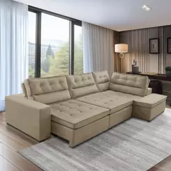 Sofá de Canto Retrátil e Reclinável com Molas 3,00x2,00 Virginia Suede Bege Adonai Estofados