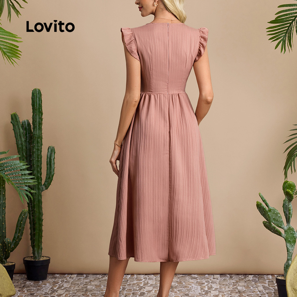 Detalhes do Lovito Vestido Casual de Renda Feminino para Primavera e Verão em Cinza e Rosa LBL30173