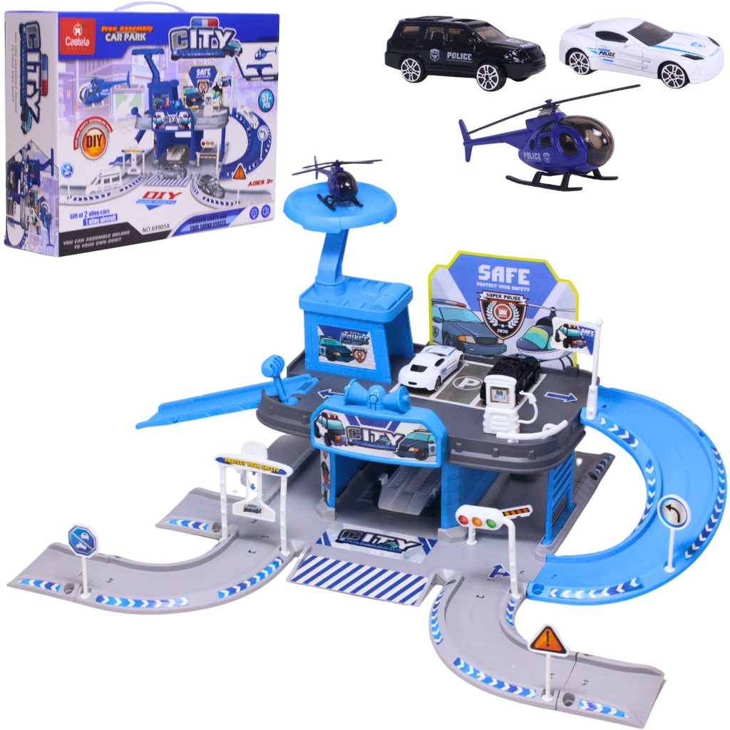Pista Carrinhos Estacionamento Policia Helicoptero - Castela em Oferta na Shopee