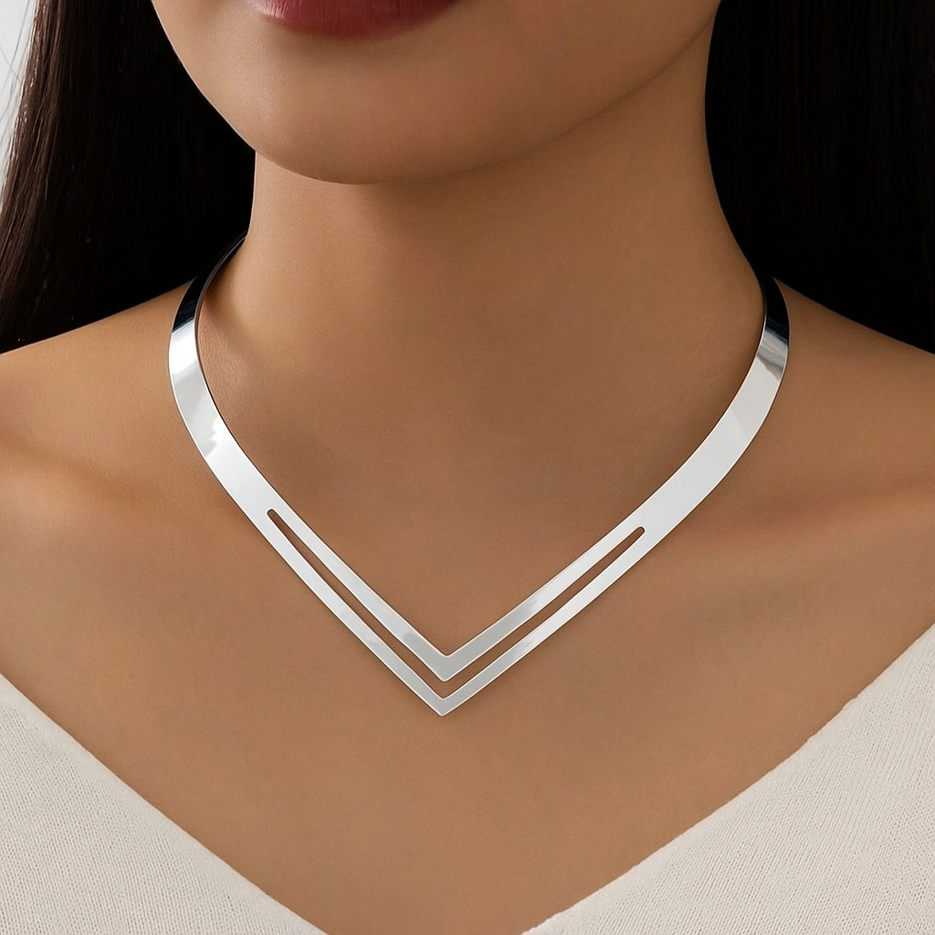 Colar Choker Feminino em Formato de V Duplo banhado a ouro 18k e prata 925 em Oferta na Shopee