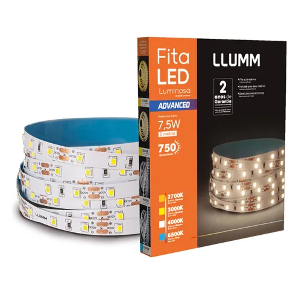Fita Led 12V 5M 120 Led/m Branco Frio 6500K IP20 Interna Alta Luminosidade Sanca Móveis Perfil