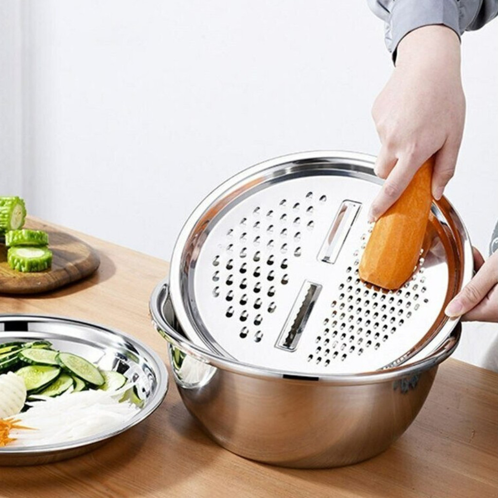 Tigela Inox 3 Em 1 Ralador Fatiador Escorredor Bacia Legumes Queijo Manual  26cm Cozinha Prática em Oferta na Shopee
