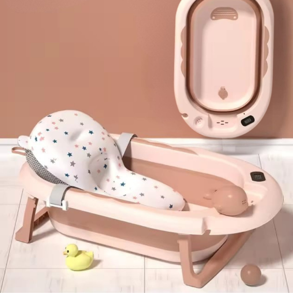 Banheira Rosa ou Azul para bebe com termômetro digital + almofada + chuveirinho de mão em Oferta na Shopee