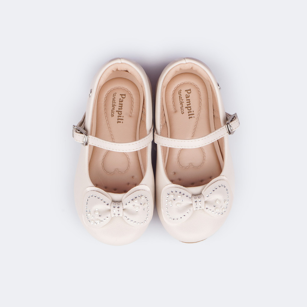 Sapato Infantil Feminino Mini Angel Duplo Laço Nude Verniz Pampili