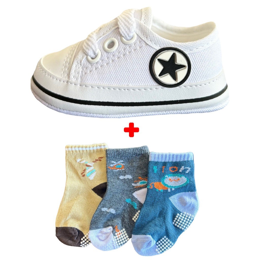 Kit Tênis Sapatinho e 3 Pares Meias para Bebê Recém Nascidos Menino e Menina Infantil Cano Baixo