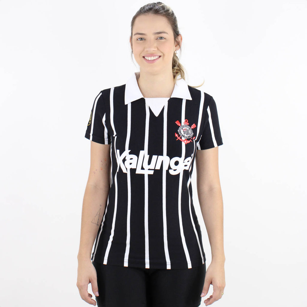 Camiseta de Time Coimbra Corinthians Listrada Preto e Branco - Feminino em Oferta na Shopee