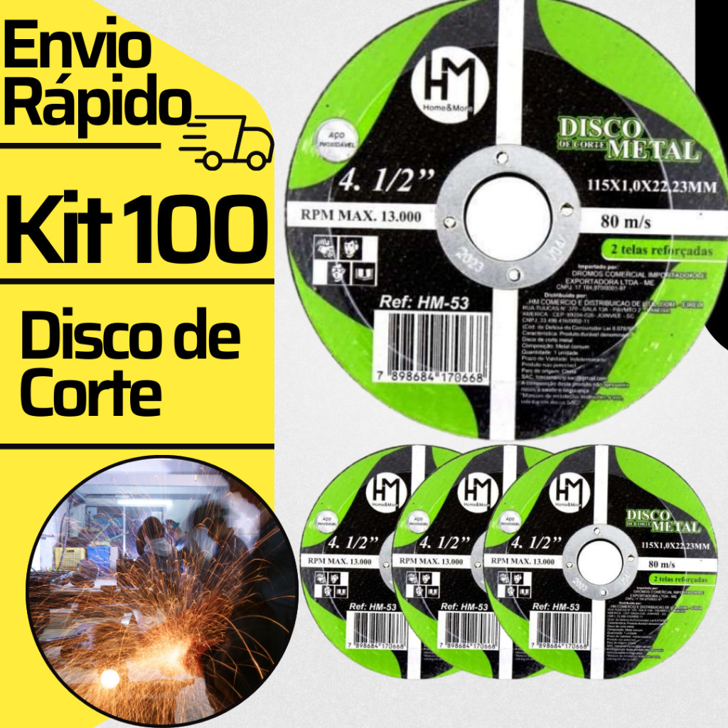 Kit 100 Disco Corte Inox Metal 115mm x 1,0mm Esmerilhadeira Angular