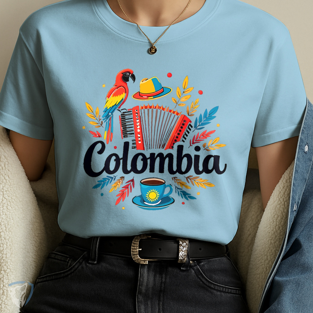 Camiseta Estampada Colombia – Arte Colorida com Café, Acordeón e Arara