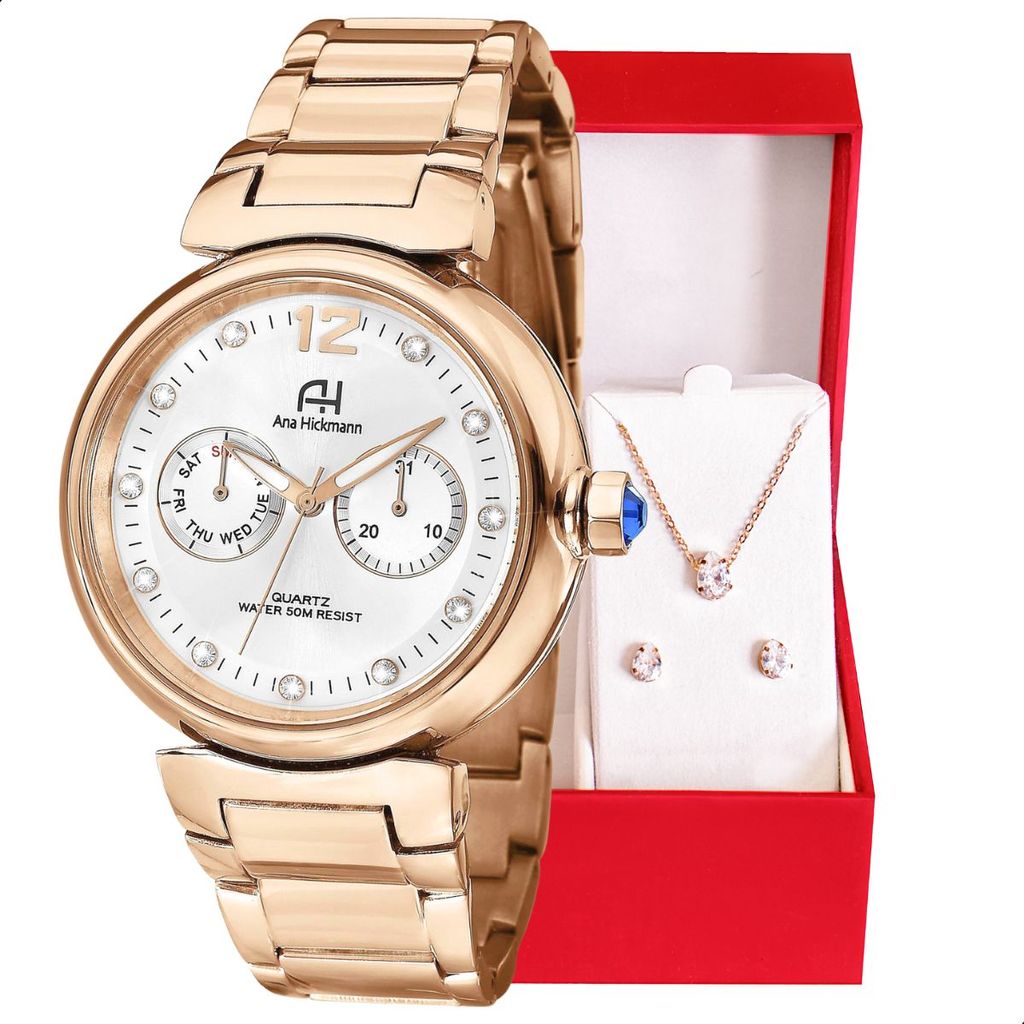 Relógio Champion Ana Hickmann Feminino Rosé AH30175Z Kit Colar e Brincos