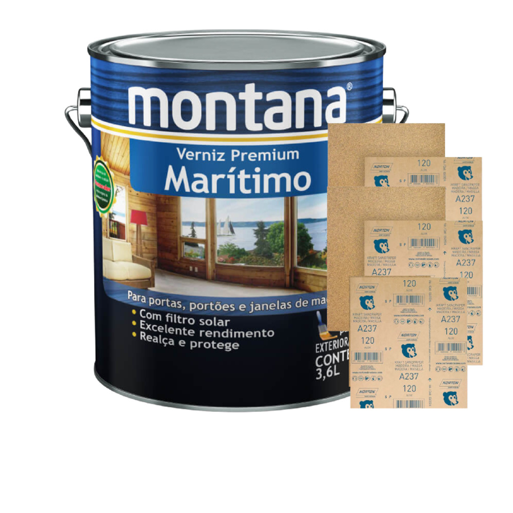 Kit C/ 5 Folha Lixa Madeira A237 GR 120 + Verniz Marítimo Natural Brilho 3,6L Montana
