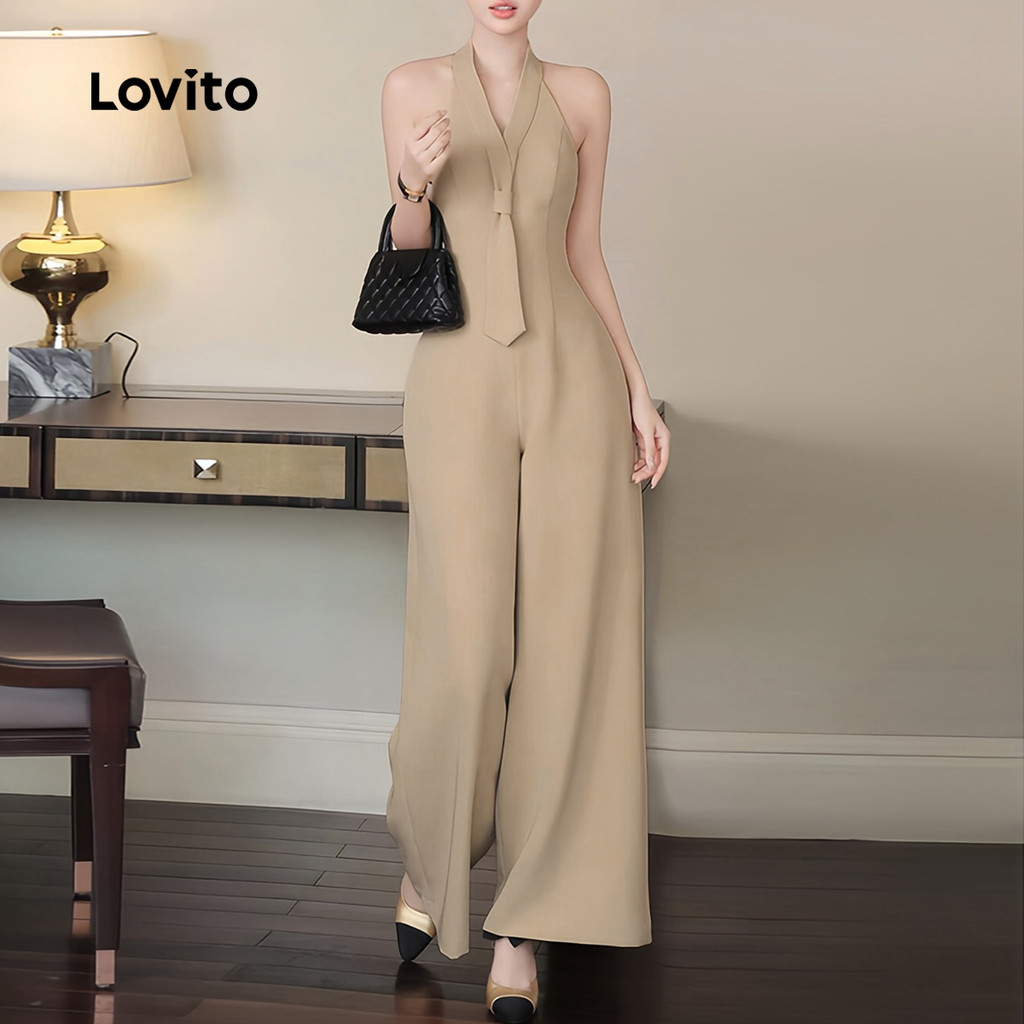 Lovito Macacão Casual de Tirar Noite com Laço para Primavera/verão em Bege Claro para Mulheres L158ED1235