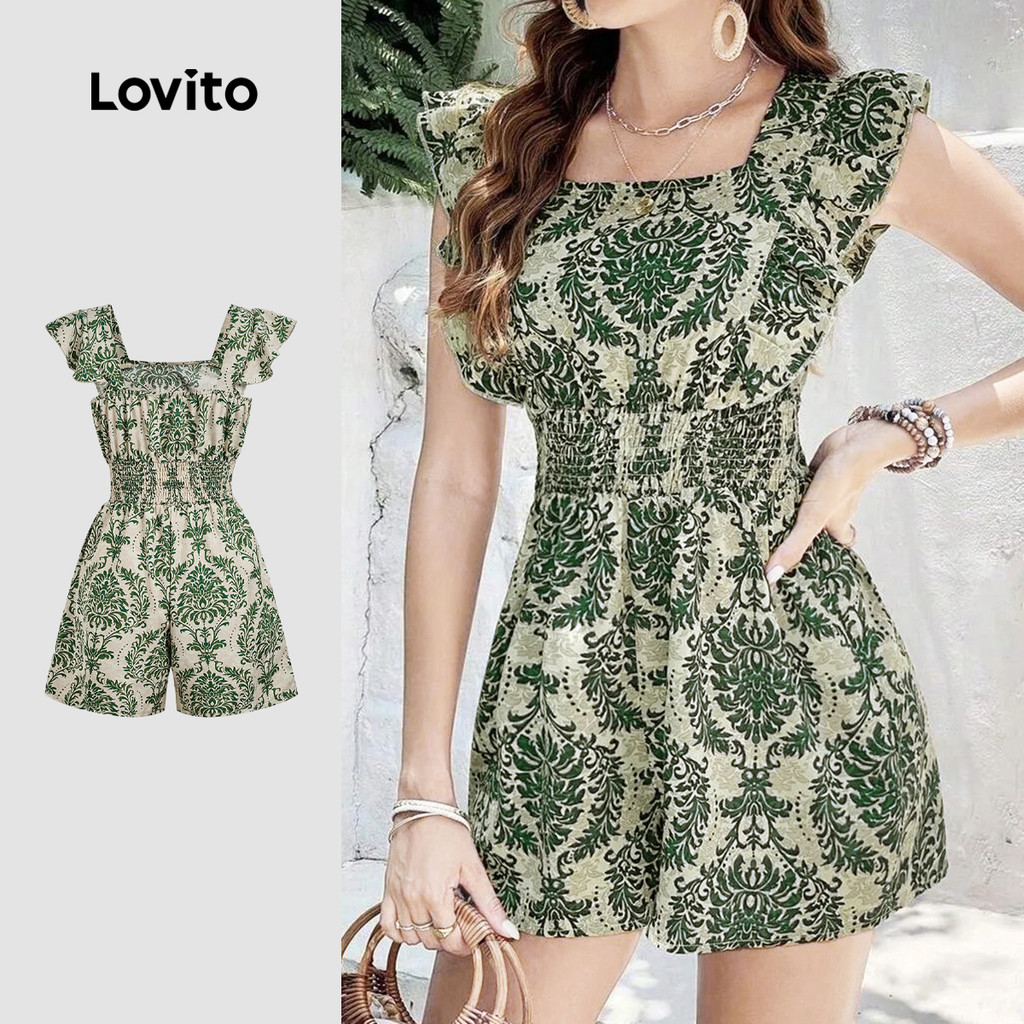 Lovito Macacão Casual com Babado e Espuma de Elástico Primavera/verão Verde para Mulheres L158ED1669 em Oferta na Shopee