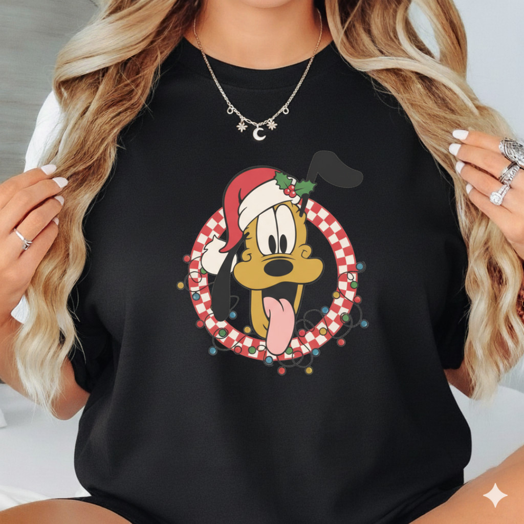 Camiseta Feminina Casual Plus Size Em Algodão Puro Com Estampa Natalina Do Pluto Da Disney