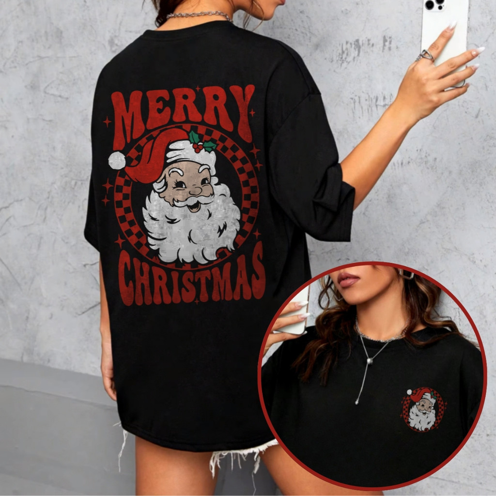 [Camiseta Premium em Algodão Puro]SISI Camiseta Larga Streetwear Feminina Natal Merry Christmas Malha Peruana Unissex
