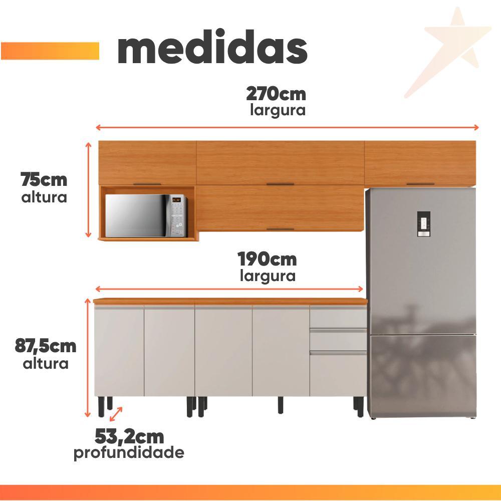 Detalhes do Armário de Cozinha Completa Com Balcão 9 Portas 2 Gavetas Nicho Para Micro Ondas Namur Cinamomo/Off White Itatiaia
