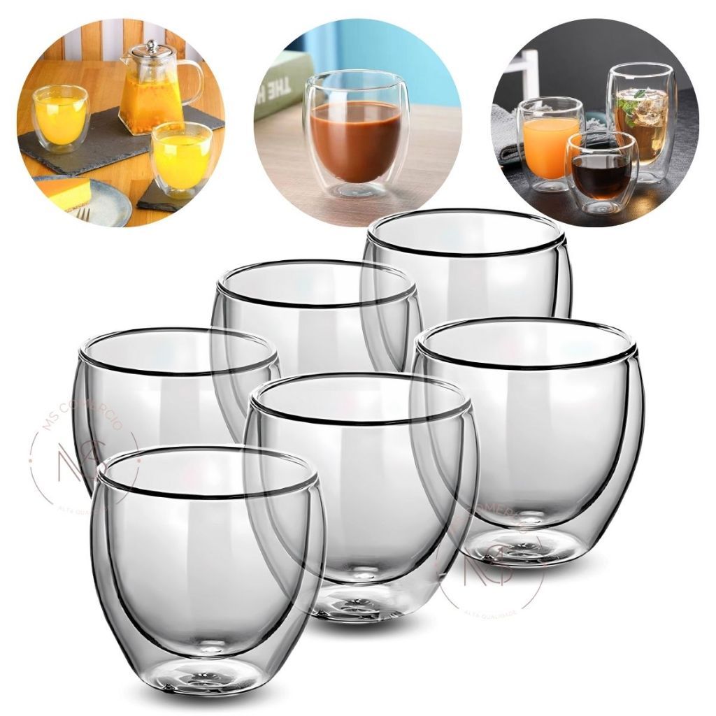 Jogo 6 Copos de Vidro 80ml Parede Dupla Café Expresso Chá Vidro Grosso Resistente Elegante Transparente