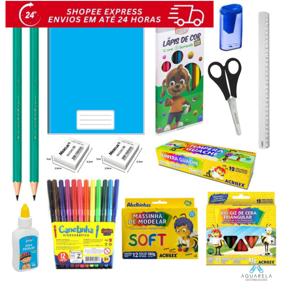 KIT MATERIAL ESCOLAR BASICO 12 ITENS em Oferta na Shopee