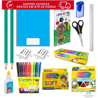 KIT MATERIAL ESCOLAR BASICO 12 ITENS em Oferta na Shopee