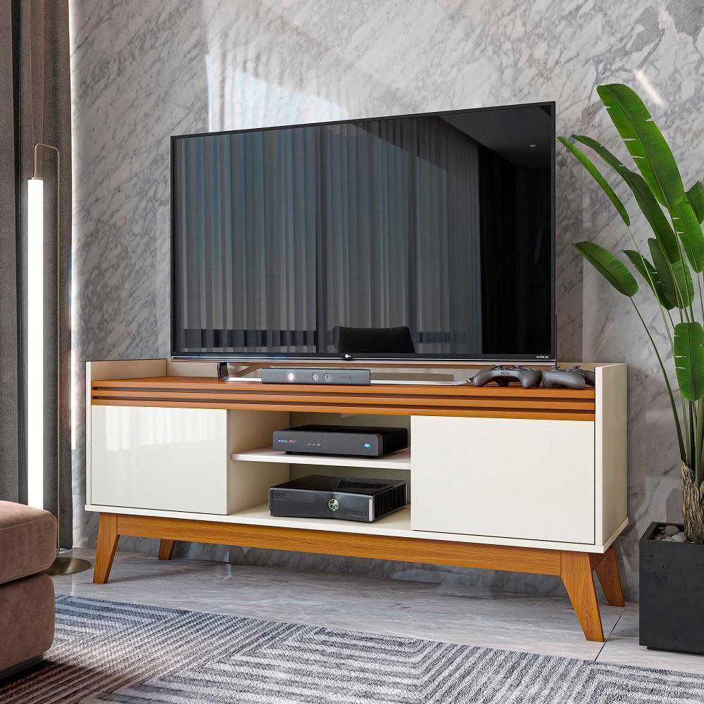 Rack Ripado 50 Polegadas Com 2 Portas Monaco - Off White E Cedro em Oferta na Shopee