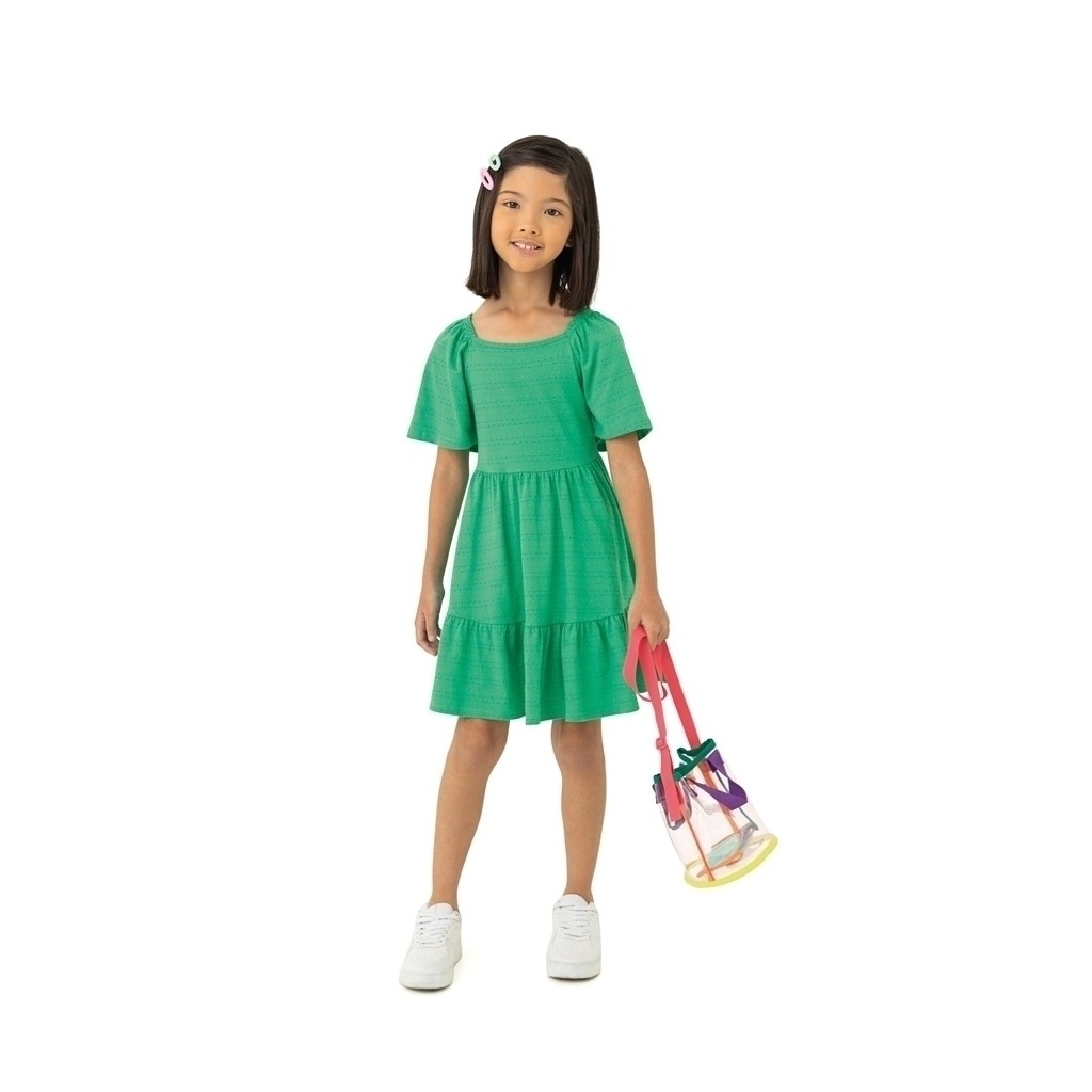 VESTIDO INFANTIL DECOTE QUADRADO EM MALHA TRABALHADA MALWEE KIDS VERDE
