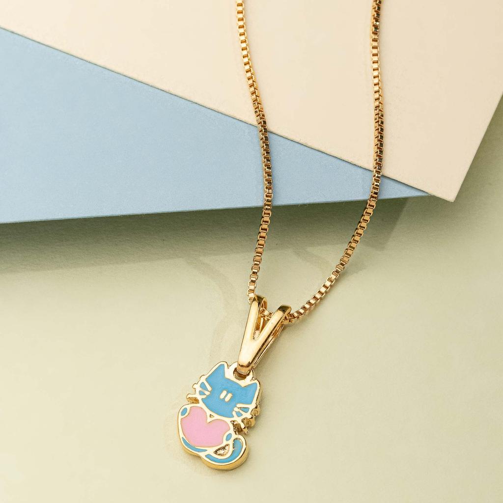 Colar Infantil Gatinho Azul e Rosa, Semijoia – Colar Dourado Colorido Antialérgico