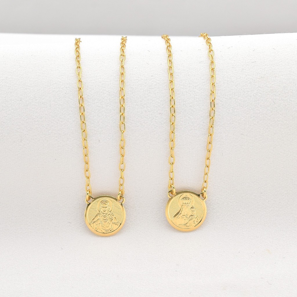 Escapulário Feminino Colar Nossa Senhora do Carmo e Sagrado Coração Jesus Banhado a Ouro 18k