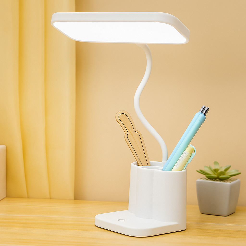 Luminária LED de Mesa Suporte Celular Porta Caneta | 3 Níveis de Luz | Toque Touch | Recarregável
