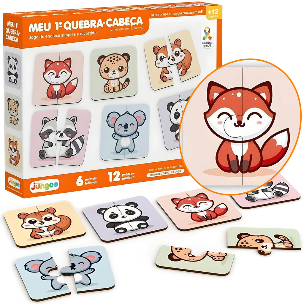 Quebra Cabeça 12 Peças Infantil Brinquedo Educativo MDF Madeira Encaixe Didático Animais Kit Souza