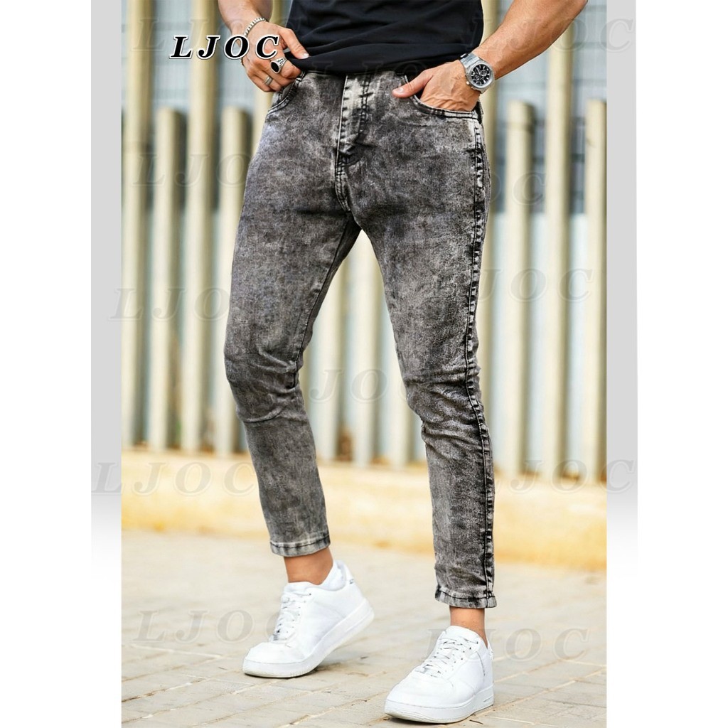 Calça Jeans Masculina Denin Cinza Lavada Manchada Slim Básico