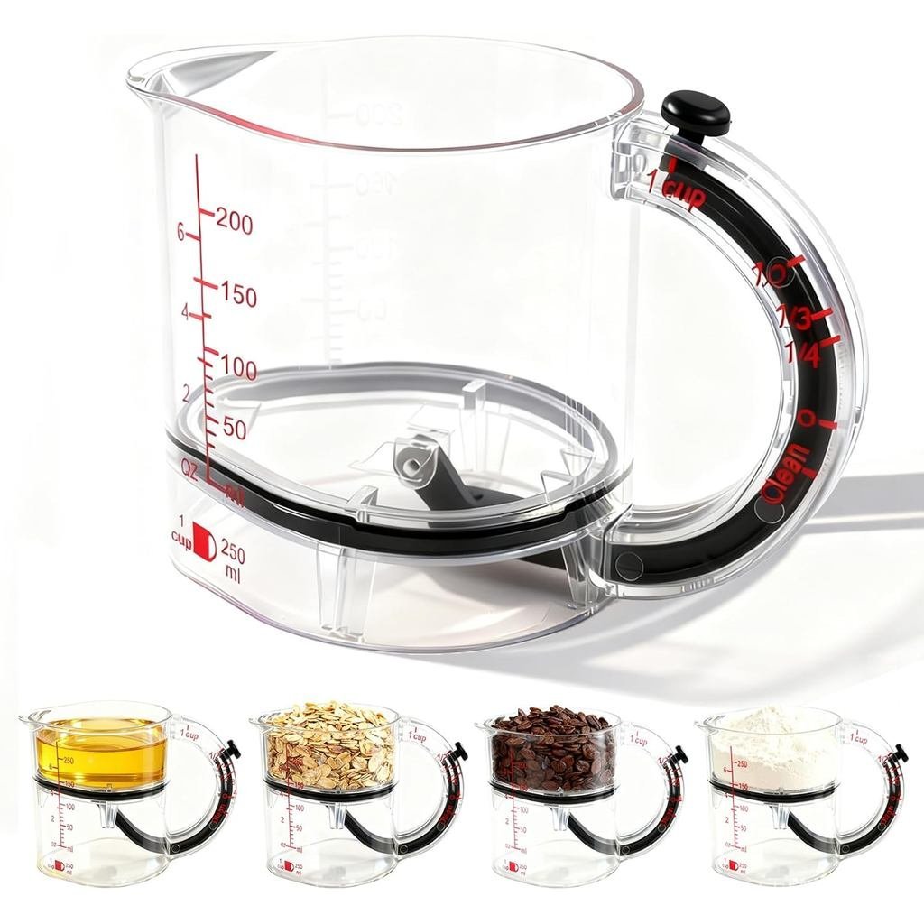 Copo Medidor Ajustável 4 em 1, Copos Medidores Multifuncionais Tudo em Um com Base Ajustável e Raspador para Ingrediente