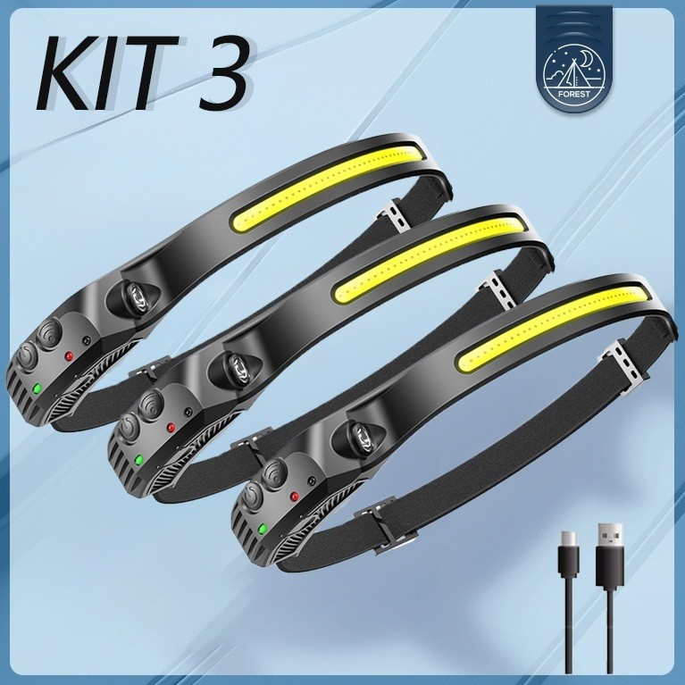 KIT 3 Lanterna de Cabeça Recarregável Led Corpo Motion Camping Torch Light Lamp Com Usb