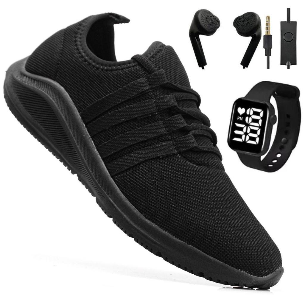 Tênis Academia Esportivo Treino Corrida conforto máximo Cross Fit Calce Fácil + Fone + Relógio Digital