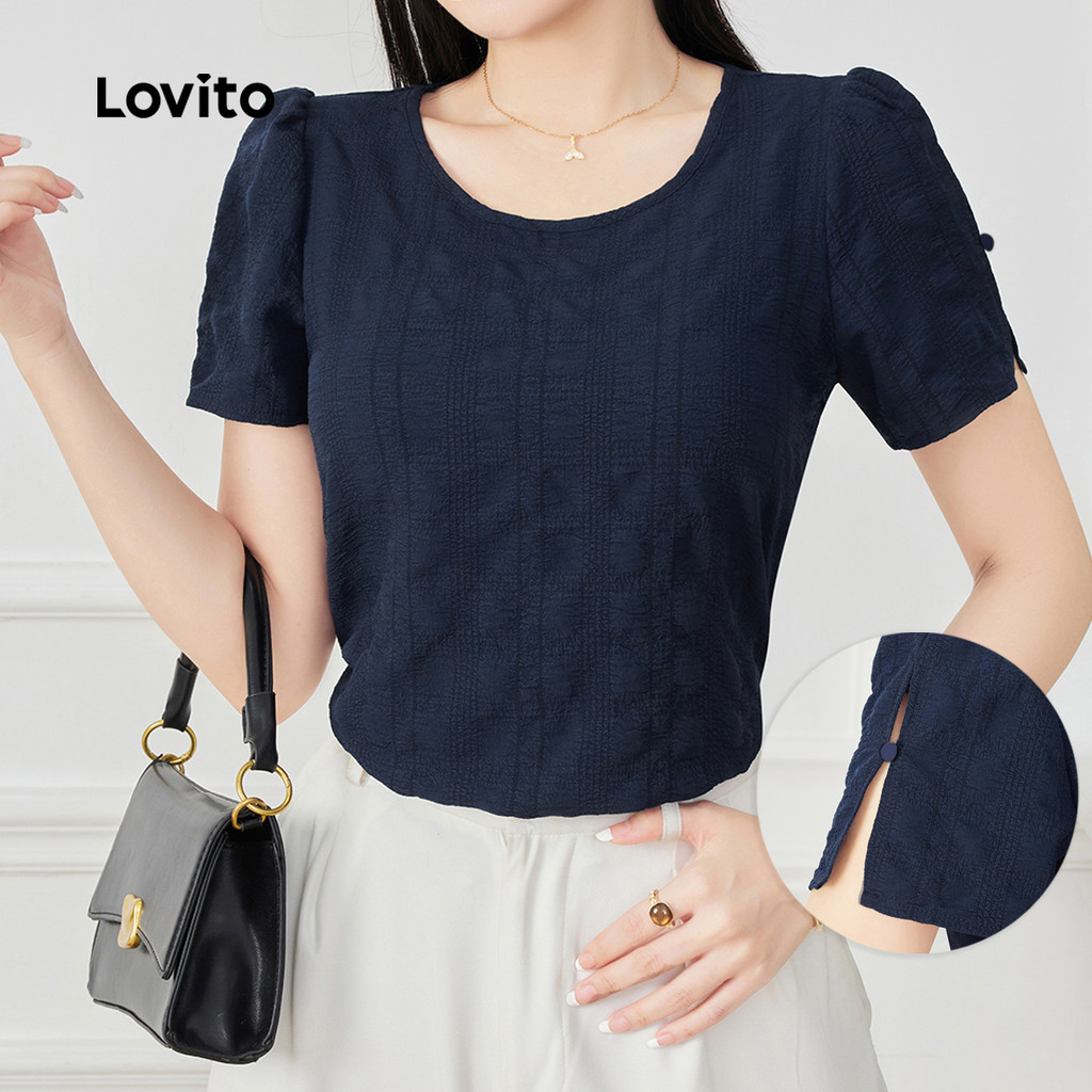 Lovito Blusa Casual com Fenda Outonal/primavera Blusa Azul-marinho para Mulher L154LD008 em Oferta na Shopee