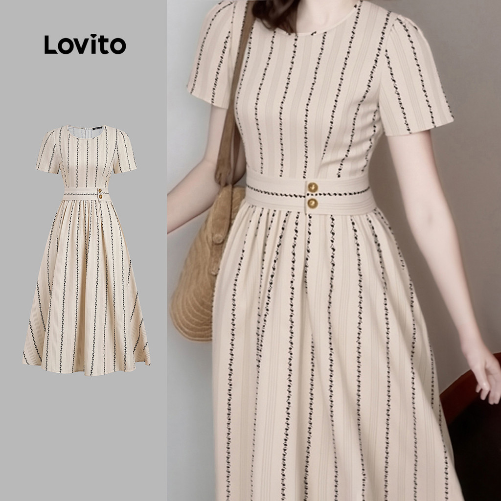 Lovito Vestido Casual Listrado Com Botões Cor Damasco Para Primavera/verão Feminino L158ED395 em Oferta na Shopee