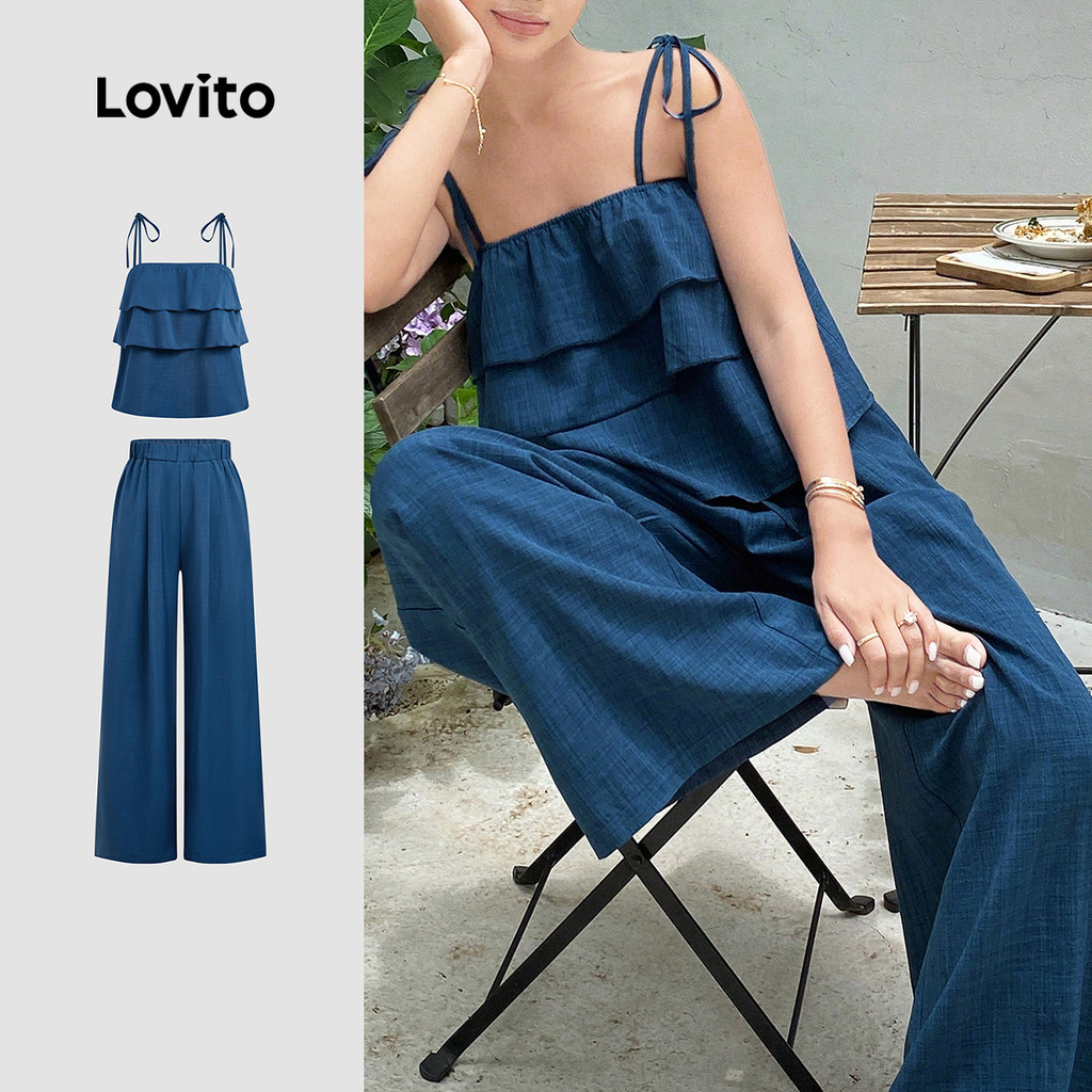 Lovito Blusas ou Calças Casuais de Camada Dupla para Primavera/verão Blusa Azul Roupas femininas L157LD022 em Oferta na Shopee