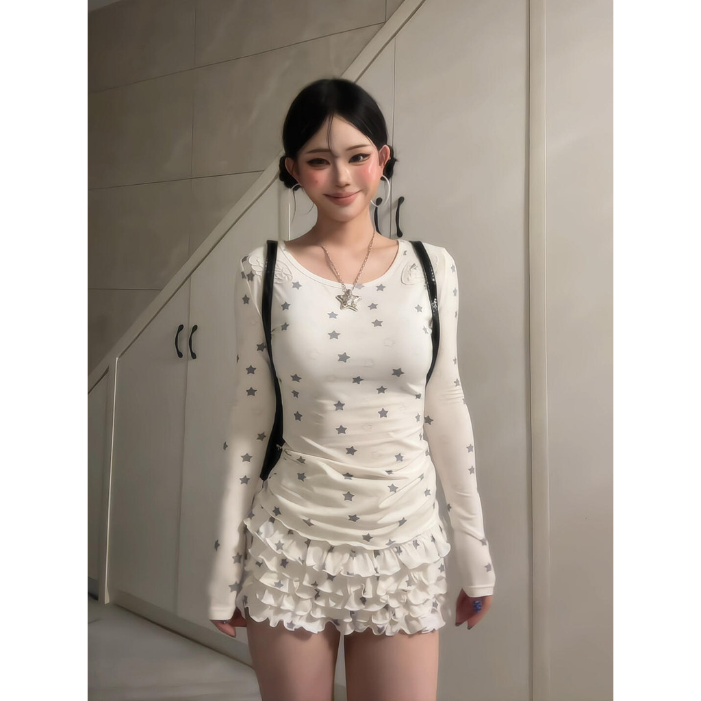 Estilo americano estrelas impressão completa asas bordado manga comprida camiseta feminina primavera outono novo estilo 