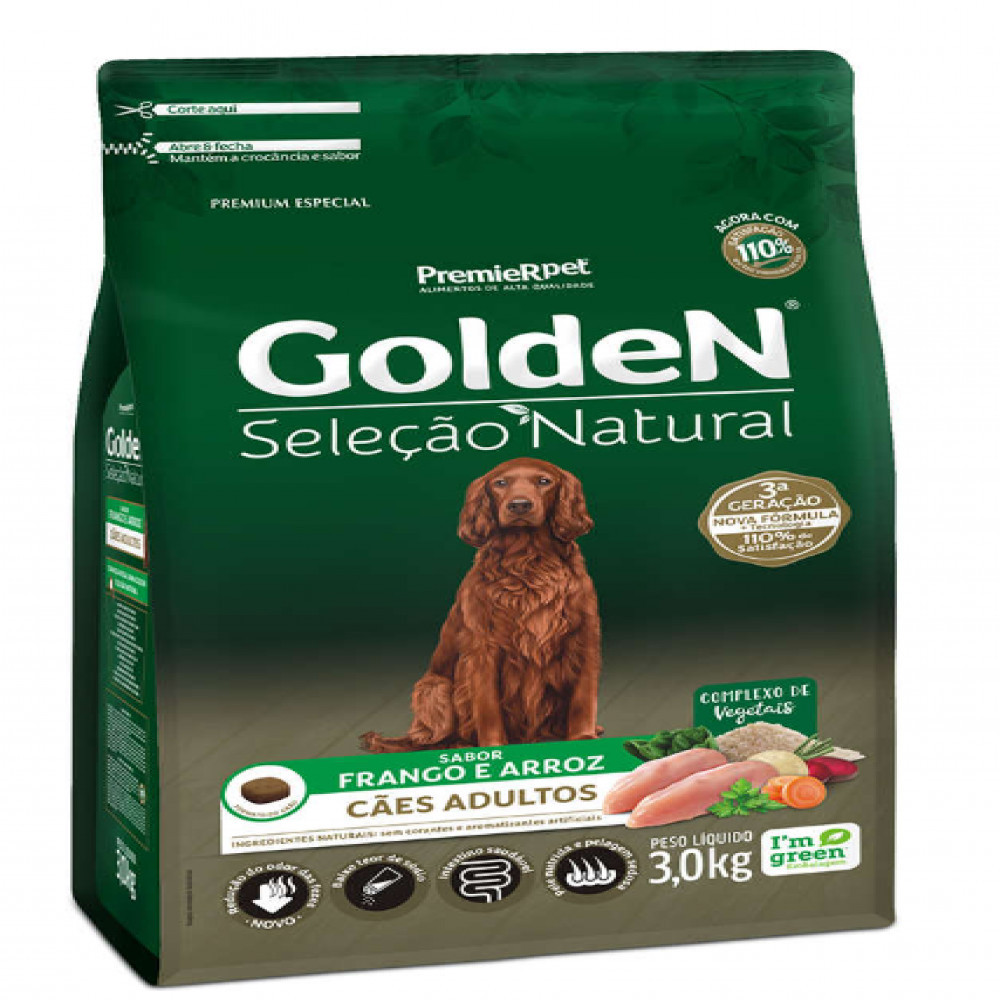 Ração para Cães Adultos Sabor Frango e Arroz Seleção Natural Golden Pet 3Kg Premier